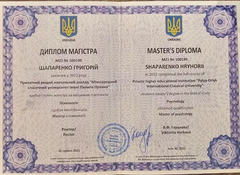 Диплом магістра психології